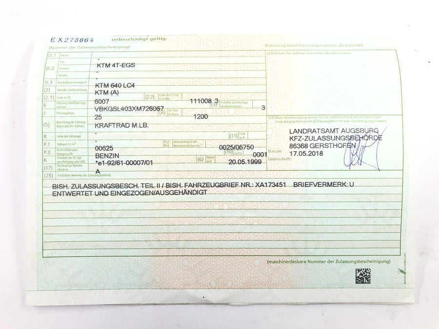 KTM 640 LC4 EGS [1999] - Frame main frame with vehicle registration document